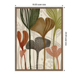 Abstract botanical print featuring tall, curved leaves in green, rust, brown, and gray tones with dotted patterns, framed in a simple wooden frame measuring 18x24 inches.