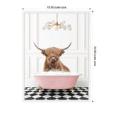 Highland cow with shaggy hair sitting in a pink clawfoot bathtub filled with bubbles on a black and white checkerboard floor, under a modern gold chandelier.