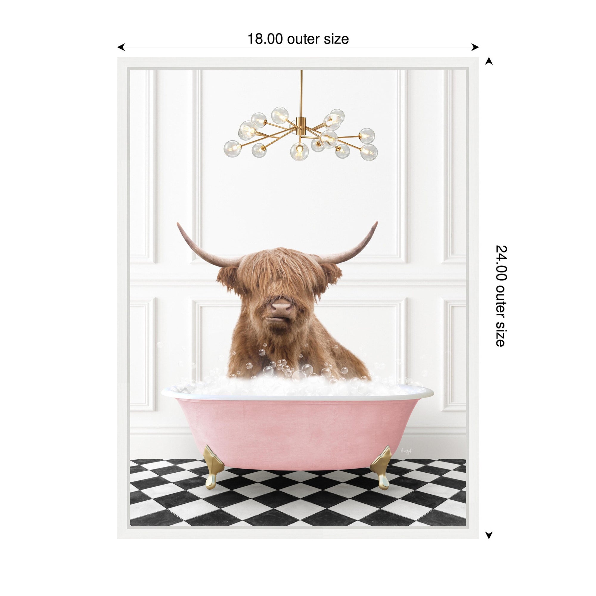 Sylvie Highland Cow in Pink Bathtub on Checker Floor Framed Canvas