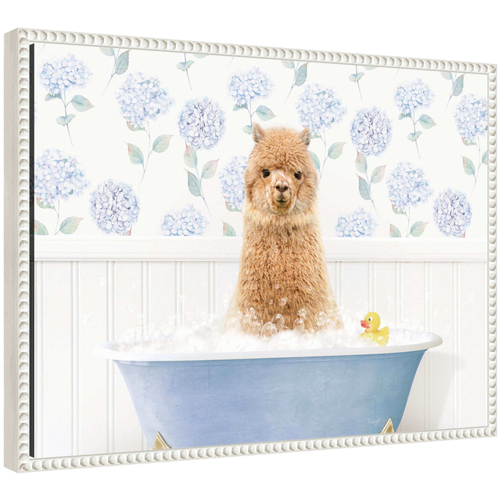 Framed canvas art of a baby alpaca in a hydrangea bubble bathtub by Amy Peterson