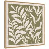 Framed canvas artwork featuring minimalist white botanical leaves on an olive green background with a natural wood frame and neutral linen border.
