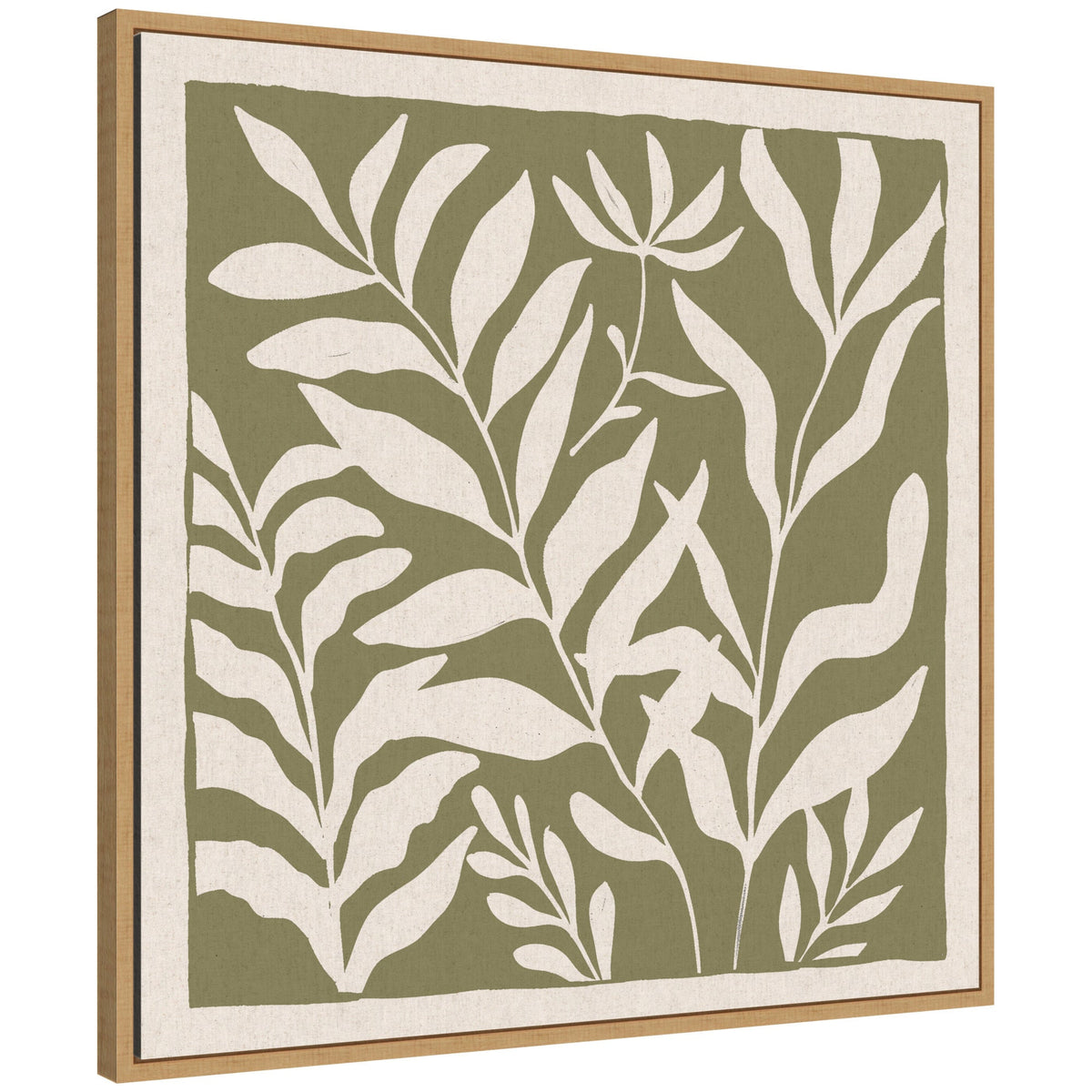 Framed canvas artwork featuring minimalist white botanical leaves on an olive green background with a natural wood frame and neutral linen border.