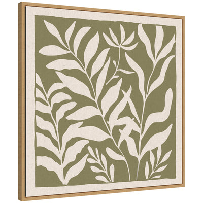 Sylvie Modern Minimalist Botanical Green and Neutral Linen Framed Canvas by The Creative Bunch Studio
