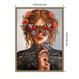 Portrait of a woman with red hair adorned with orange poppies, a large colorful butterfly covering her eyes, and a small bird perched on her hand holding flowers.