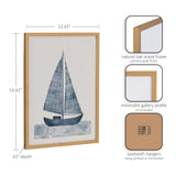 Framed print of a stylized blue sailboat with lined sails on wave-patterned water, set in a natural oak wood frame with a gold finish and minimalist profile.