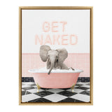 Elephant calf sitting in a pink clawfoot bathtub with bubbles, set against pink and black tiled wall and black-and-white checkered floor, text 'GET NAKED' above.
