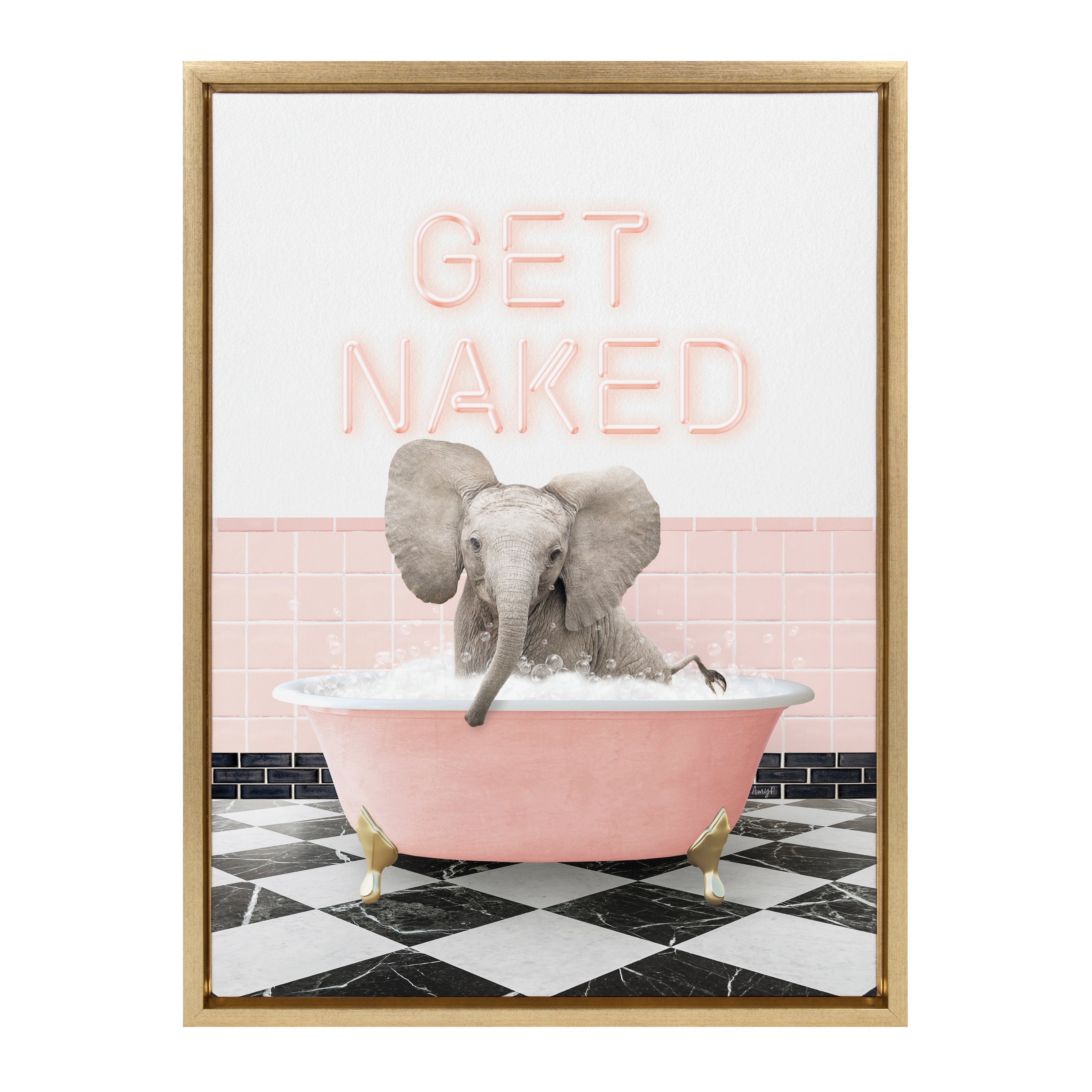 Sylvie Baby Elephant No 3 in Get Naked Bath Framed Canvas by Amy Peterson