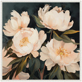 Painterly floral canvas featuring soft cream peony bouquets with green leaves on a dark background, framed in a white ornate frame.