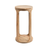 Tall round wooden side table with an open rectangular frame and smooth natural finish, showing continuous grain from top to bottom platform.