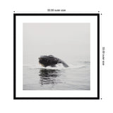 Framed square wall art print of a humpback whale breaching water under a gray sky, with soft water reflections and minimalistic tones.