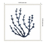 Dark blue seaweed illustration with multiple branching stems and small buds, centered on white background inside a decorative square frame with beaded edge.