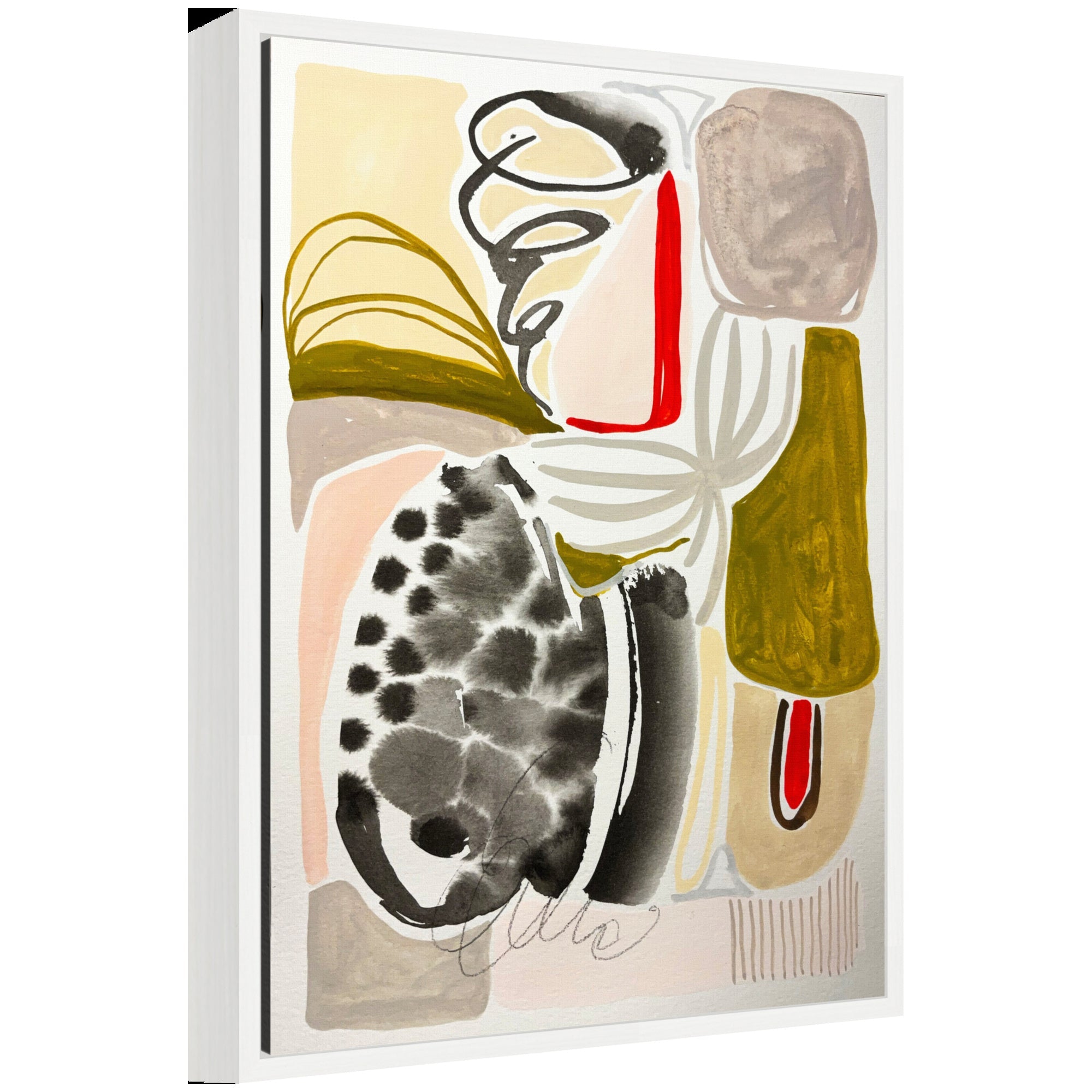 Sylvie Abstract 02 framed canvas art by Emma Daisy showing abstract brush strokes in various colors, displayed on a white wall
