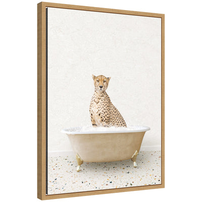 Framed canvas art featuring a cheetah sitting in a terrazzo bathtub surrounded by colorful tiles.