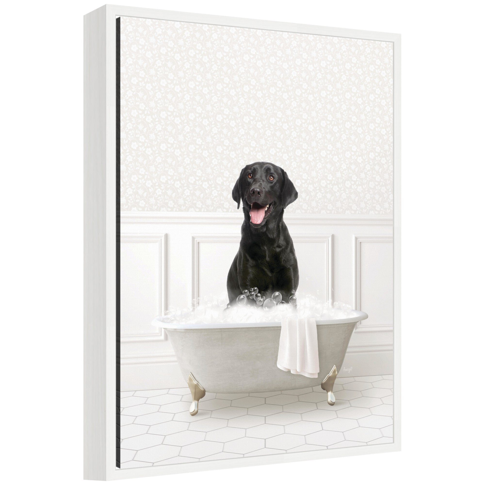 Framed canvas art of a black Labrador puppy sitting in a white bathtub