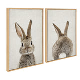 Two framed canvas art pieces showing a gray bunny with large ears, one portrait facing forward and the other showing the bunny's back and tail, on textured beige backgrounds.