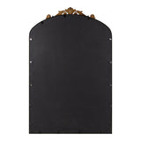 Rectangular mirror with a rounded top edge and ornate golden crest featuring floral motifs at the center of the frame's top.