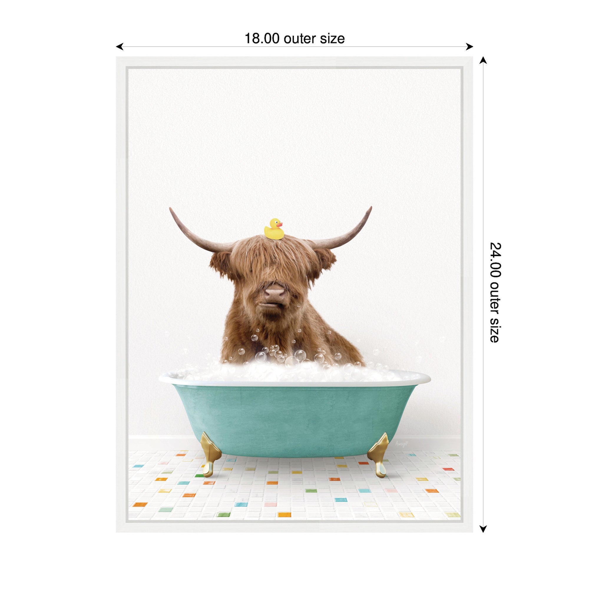 Sylvie Highland Cow in Teal Bathtub on Colored Tile Framed Canvas