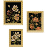 Moody Pink Hued Floral 3 Piece Framed Wall Art Print Set displayed on wall