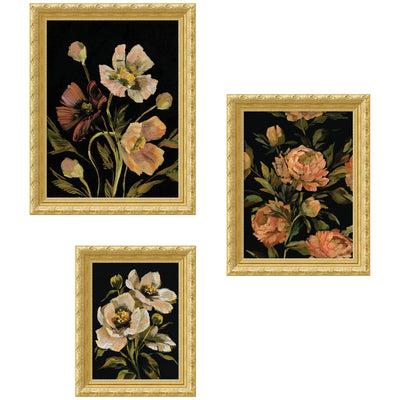 Moody Pink Hued Floral 3 Piece Framed Wall Art Print Set displayed on wall