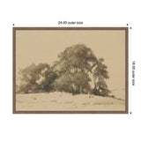 Sepia-toned sketch of clustered trees on a slight hill, framed in a simple wooden frame with dimensions 24 by 18 inches shown