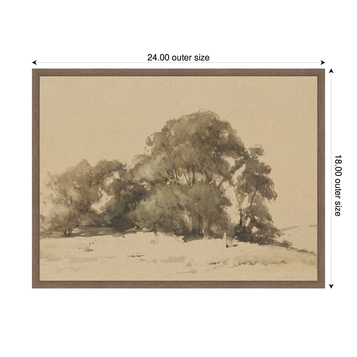 Sepia-toned sketch of clustered trees on a slight hill, framed in a simple wooden frame with dimensions 24 by 18 inches shown