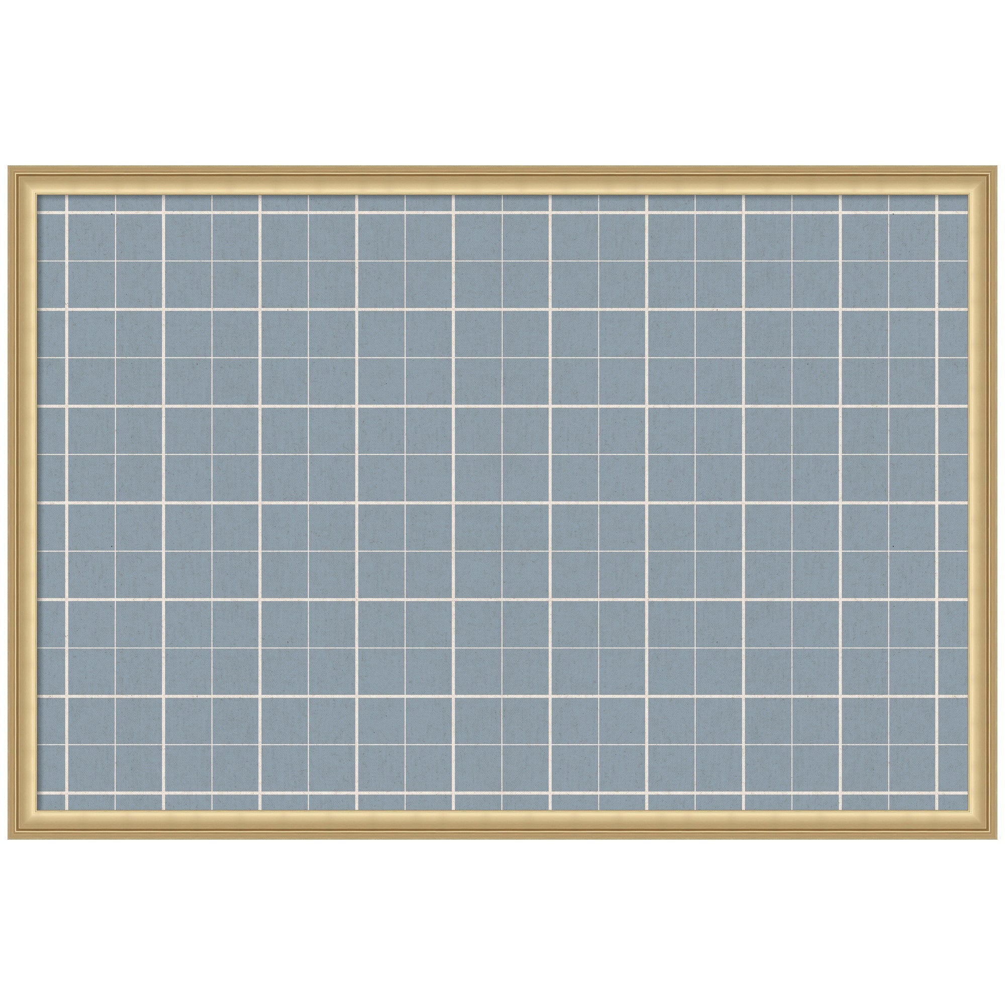 Framed Fabric Pinboard with light blue plaid geometric pattern on wall with pins and notes