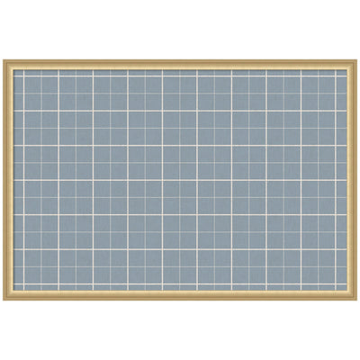 Framed Fabric Pinboard with light blue plaid geometric pattern on wall with pins and notes