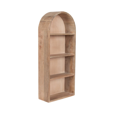 Arcott Arch Wall Shelf with a tall arched frame made of natural mango wood mounted on a white wall.