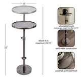Polished gunmetal finish adjustable metal table with two round trays, one above the other, height adjustable from 22 to 29.75 inches.