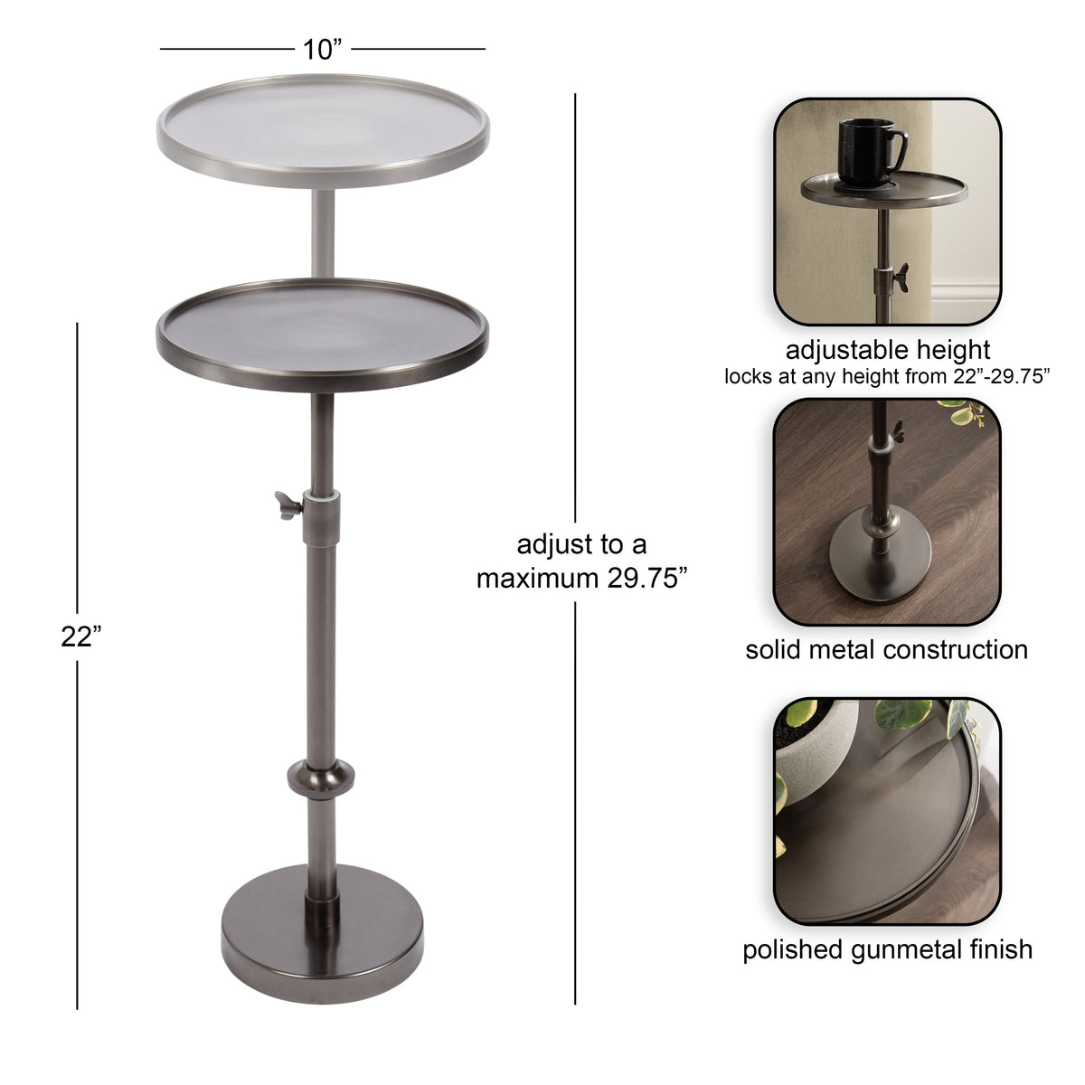 Polished gunmetal finish adjustable metal table with two round trays, one above the other, height adjustable from 22 to 29.75 inches.