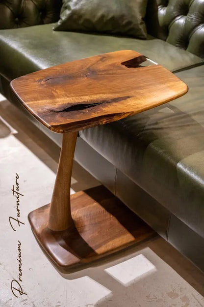 C-shaped luxury resin end table made of solid walnut wood with clear epoxy resin finish