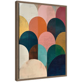 Abstract geometric canvas featuring overlapping rounded arches in jewel tones including teal, coral, navy, and ochre within a wooden frame.