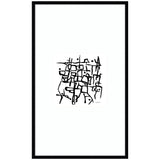 Abstract black lines forming irregular squares and shapes on a white background, centered within a black frame, creating a complex, organic grid pattern.