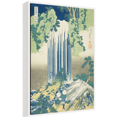 Framed floating canvas art showing Katsushika Hokusai's Yoro Waterfall in Mino Province from 1833 with detailed blue and green hues