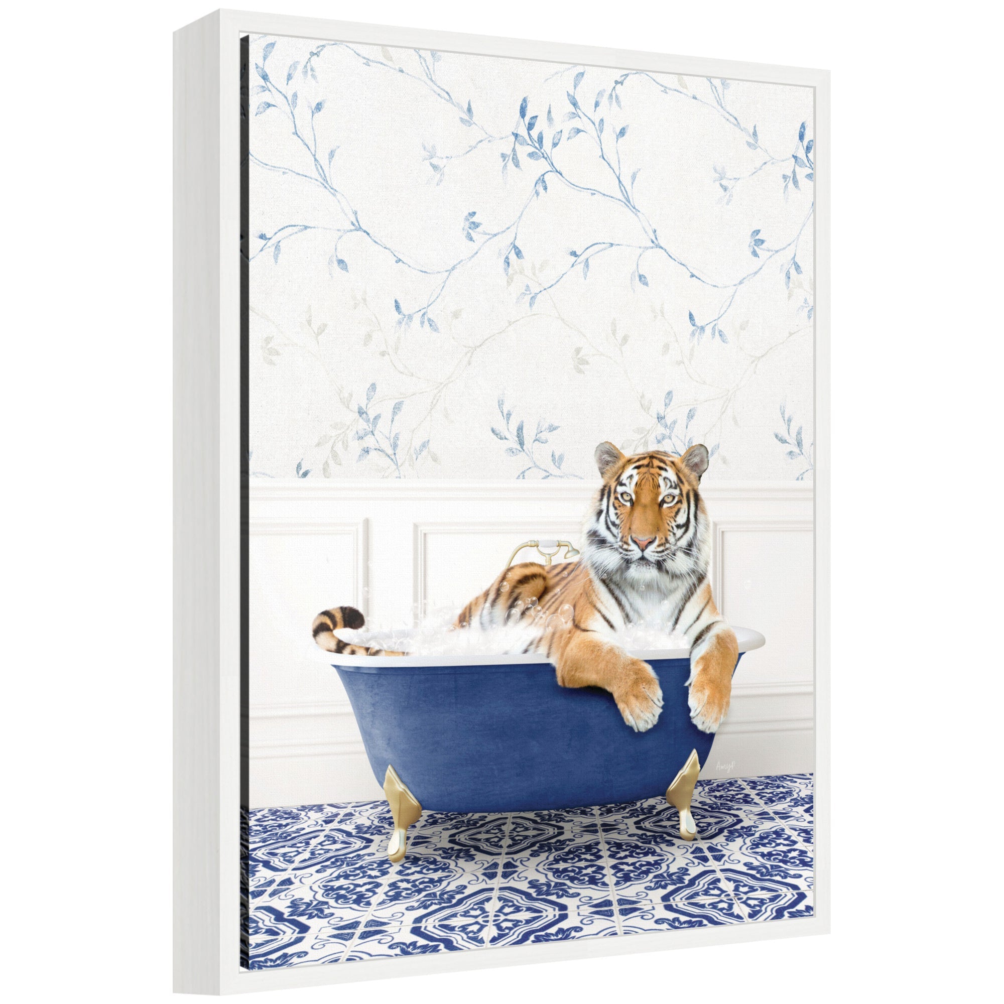 Framed canvas art depicting a tiger resting in a blue bathtub surrounded by eclectic, colorful decor accents.
