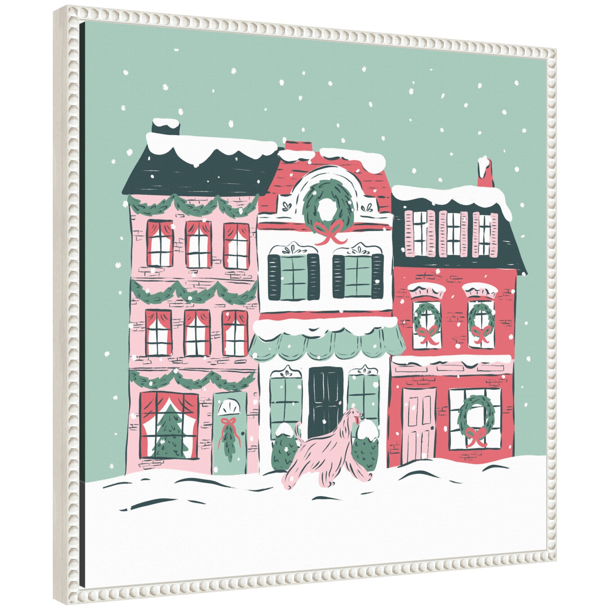 Sylvie Beaded Snowy Christmas Village floating framed canvas art showing a snowy village scene