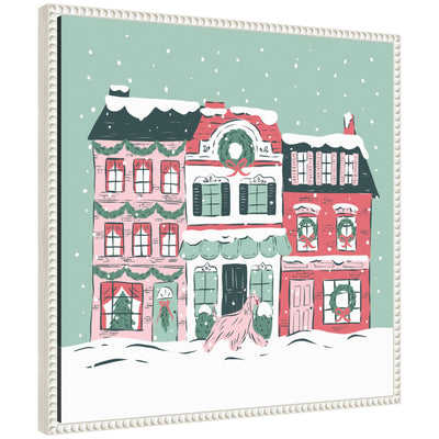Sylvie Beaded Snowy Christmas Village floating framed canvas art showing a snowy village scene