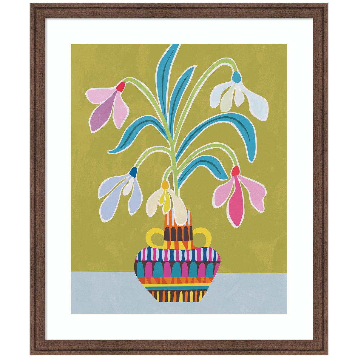 Colorful stylized snowdrop flowers in a patterned vase with blue-green leaves on a muted olive green and light blue background framed in dark wood.