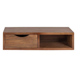 Rectangular floating side table in medium brown wood with a left drawer featuring a curved cutout handle and an open shelf to the right, shown from the front.