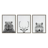 Three framed black-and-white animal portraits featuring a bear, a deer with antlers, and a wolf, each facing forward against a plain white background.