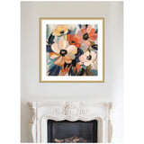 Framed abstract floral painting with large peach, coral, and cream flowers with dark centers and blue-green leaves, hung above a white ornate fireplace.