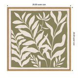 Square canvas with neutral linen background featuring minimalist white leafy botanical shapes on an olive green backdrop, framed in light wood.