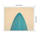 Top view of a teal surfboard nose centered on a textured beige wall, framed by a white border with 20x16 inch dimensions marked.