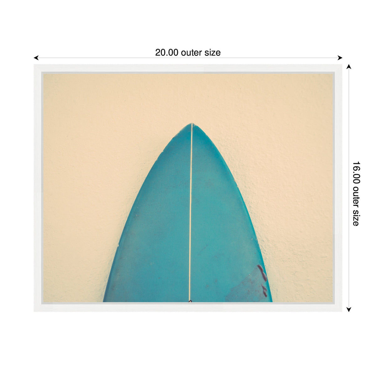 Top view of a teal surfboard nose centered on a textured beige wall, framed by a white border with 20x16 inch dimensions marked.