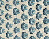 Repeating pattern of stylized blue and dark blue floral shapes on a textured beige fabric background with diagonal woven texture.