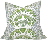 Cairo Pillow Cover in Green showing printed front fabric and ivory linen back