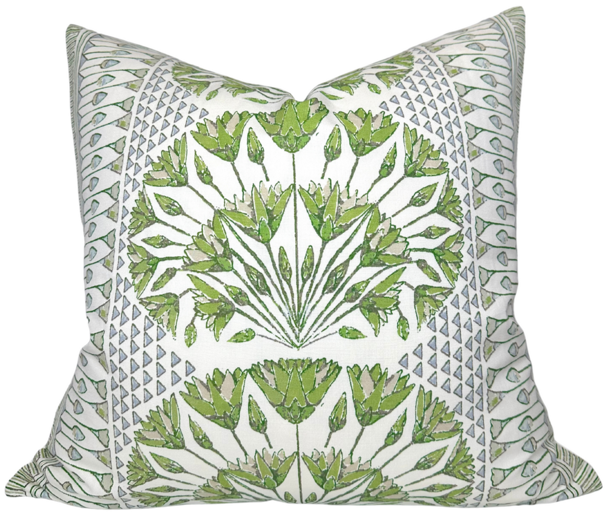 Cairo Pillow Cover in Green showing printed front fabric and ivory linen back