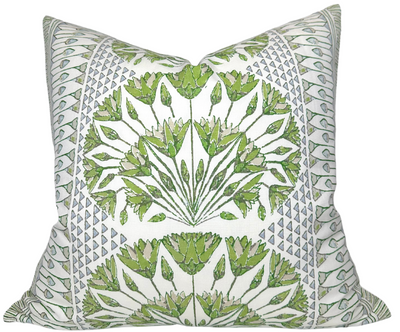 Cairo Pillow Cover in Green showing printed front fabric and ivory linen back