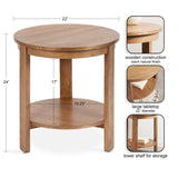 Round wooden side table with warm natural finish, featuring a 22-inch diameter tabletop and a lower shelf for storage, shown with dimensions and close-up details.