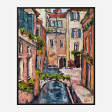 Impressionist-style painting of a narrow canal flanked by textured buildings in warm earth tones, with vibrant greenery draping a small stone bridge overhead.
